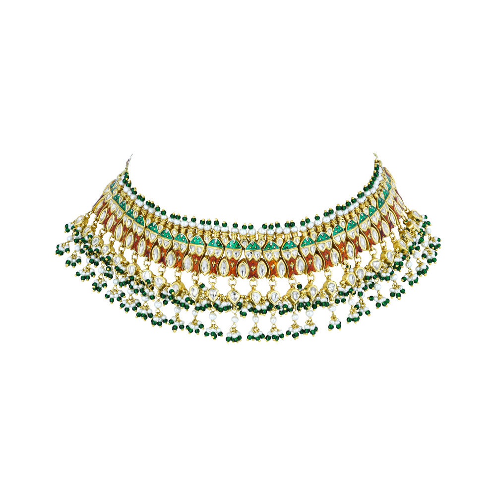 Red-Green Enamel Polki Choker with Green Beads and Pearl Clusters